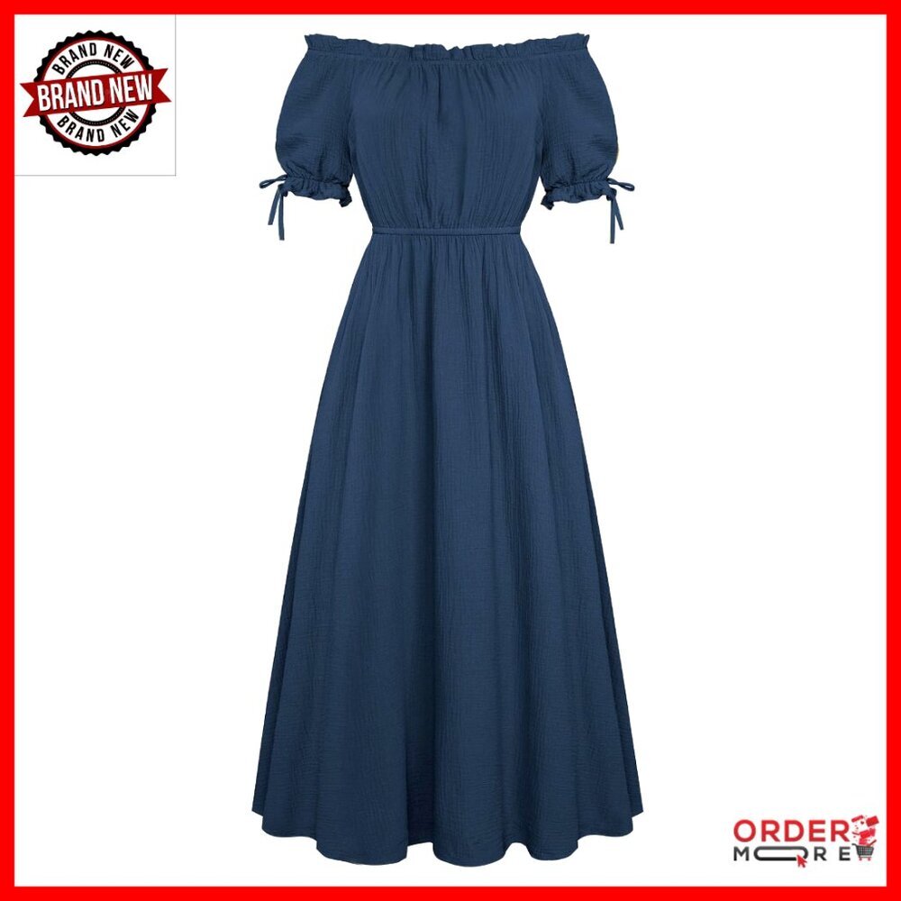 Puff Sleeve Maxi Dress with Pockets, Cotton, Renaissance Style - Picture 1 of 7